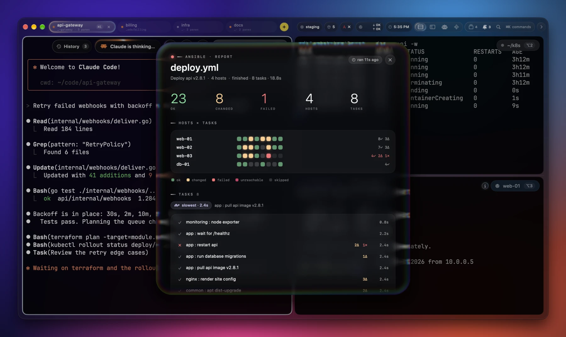 An Ansible run report: hosts by tasks