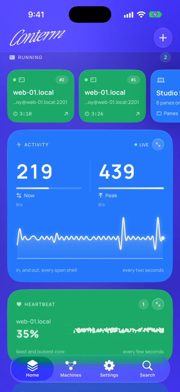 Conterm for iOS home: a Mac, two live shells, activity and heartbeat