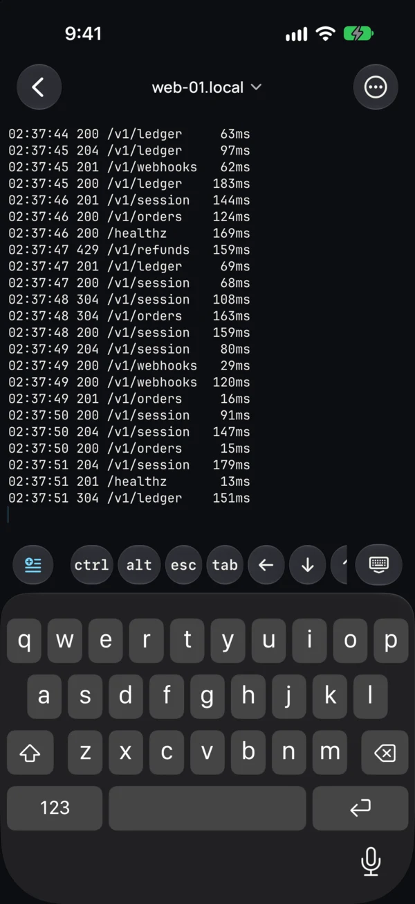 A shell on web-01 following an access log