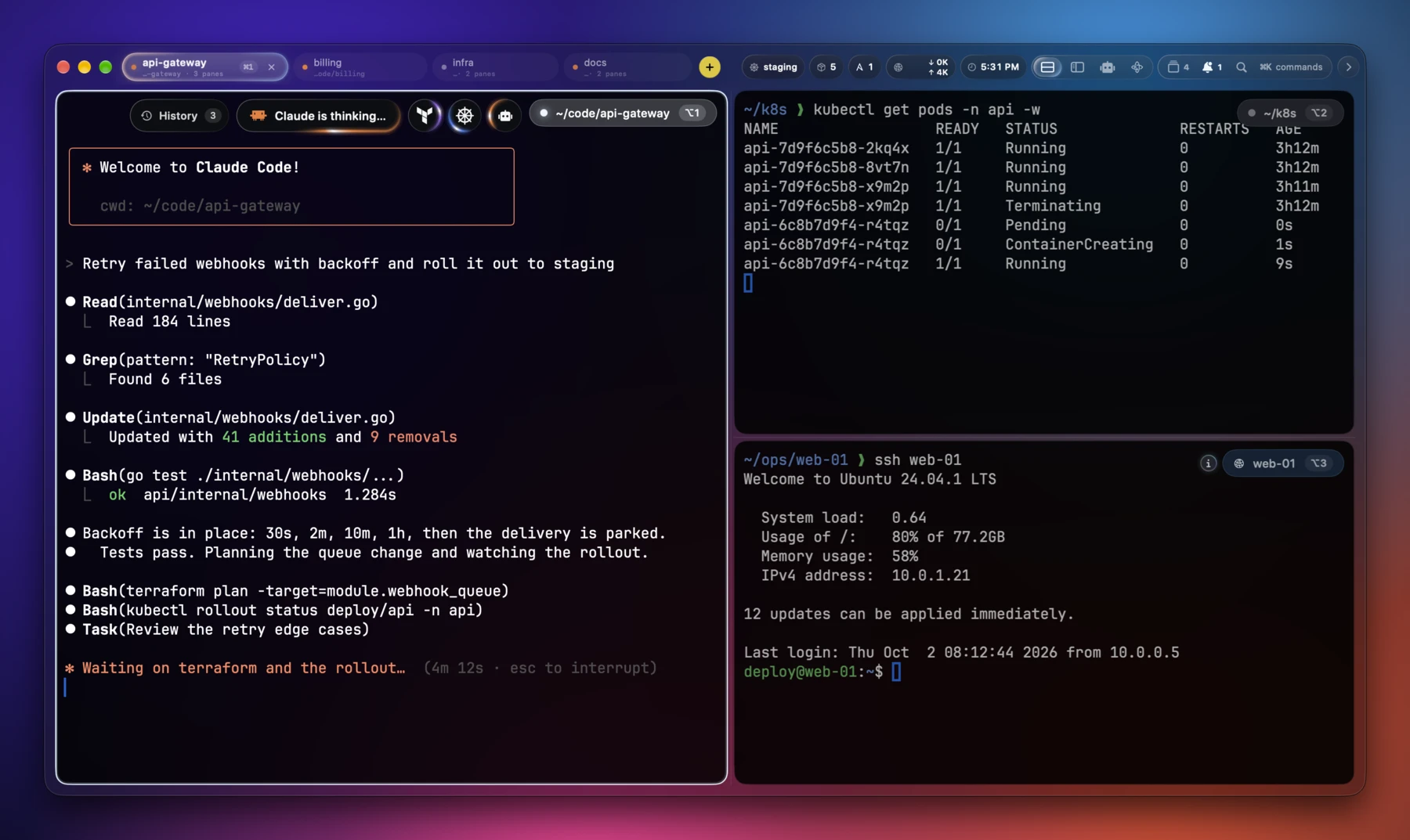 A Conterm window: Claude Code beside a kubectl watch and an SSH session