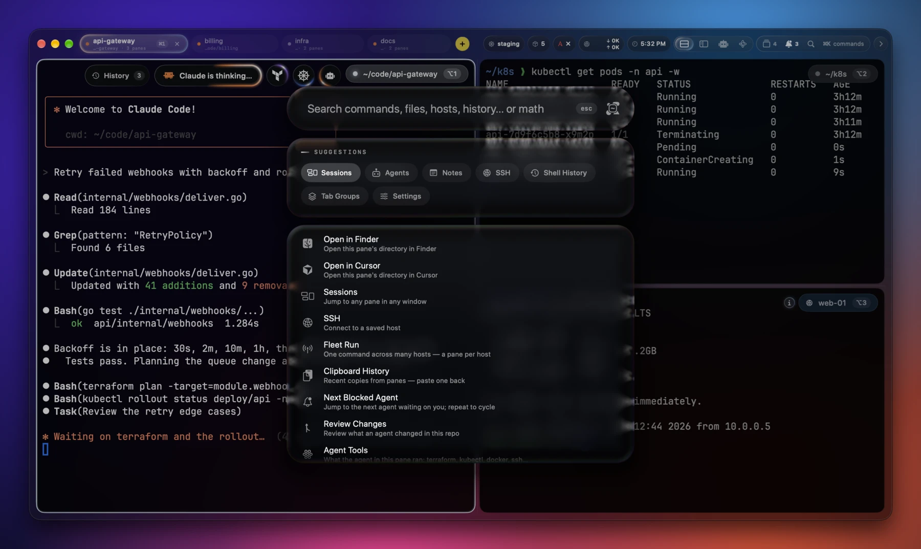 The command palette over a split window
